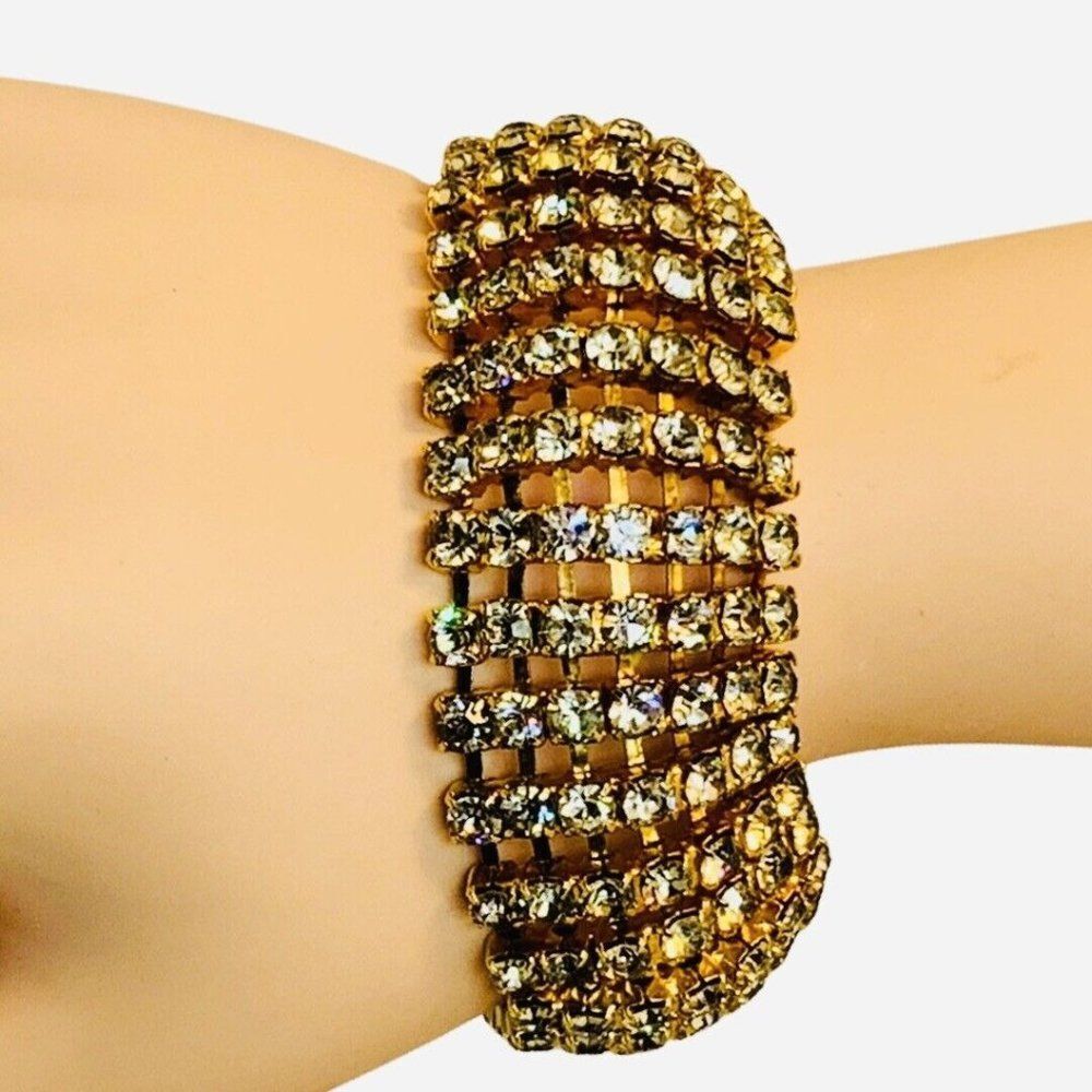 Vintage Shimmering Clear Rhinestone Sparkly Gold Tone Formal Thick Bracelet 6.5”